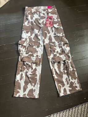 VIP Brown & White Camo Cargo Pants Cow Print